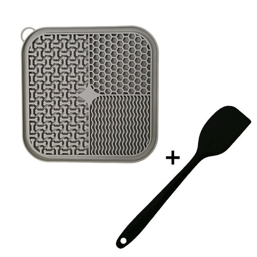 Gray silicone lick mat with spatula