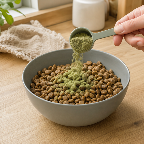 Kelp Daily Powder sprinkled on dog food