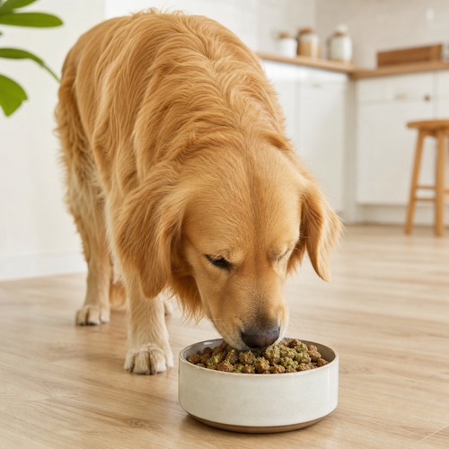 Happy dog eating food with Kelp Daily Powder