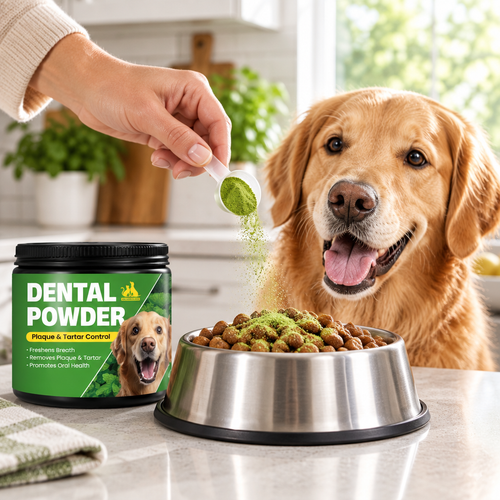 One scoop of dental powder sprinkled on dog food
